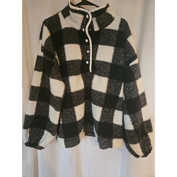 Loft Tops - LOFT Buffalo Plaid Snap Collar Sherpa Top Black White Granola Lumberjack SZ XXL